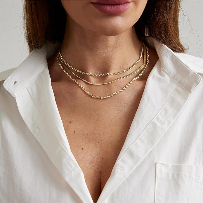 ASCOMY Layered Necklaces for Women Dainty Gold Necklace 14K Gold Plated Herringbone Necklace for Women Pearl Cross Necklace Paperclip Cuban Figaro Rope Satellite Chain Gold Choker Trendy Jewelry Gift