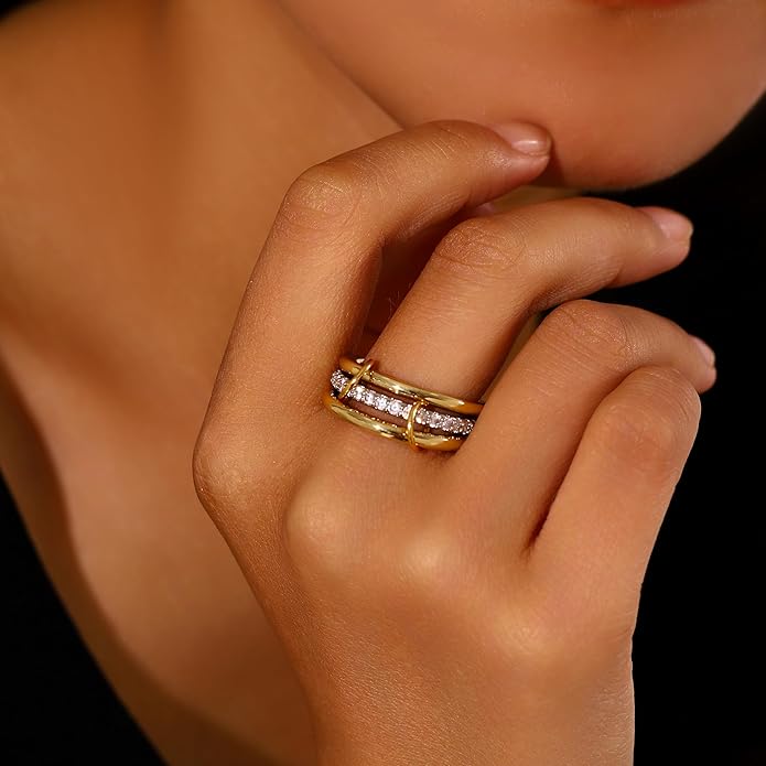 14K Gold Plated Interlocked Stackable Rings for Women Non Tarnish,Gold and Silver Cubic Zirconia Statement Rings Set,Mixed Metals Ring Two-Toned Connected Bands Stacking Jewelry