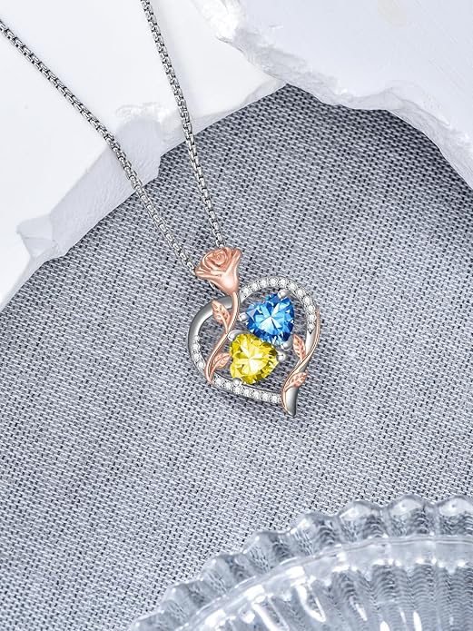 Jewelry for Her Double Heart Rose Birthstone Pendant Necklace Anniversary Jewelry Christmas Birthday Gifts for Women Wife Girlfriend