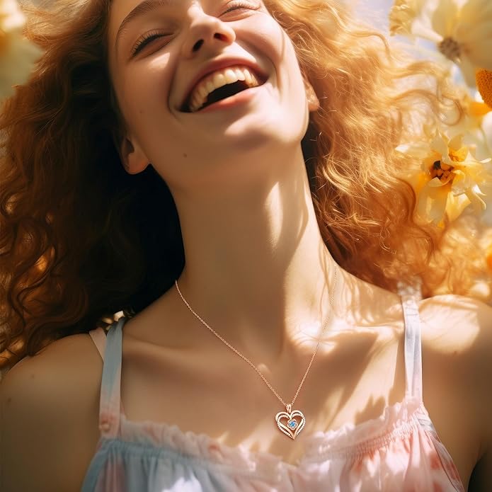 CDE S925 Silver Rose Gold Heart Birthstone Necklaces for Women，Ideal Anniversary or Birthday Jewelry Gifts for Wife Girlfriend Her