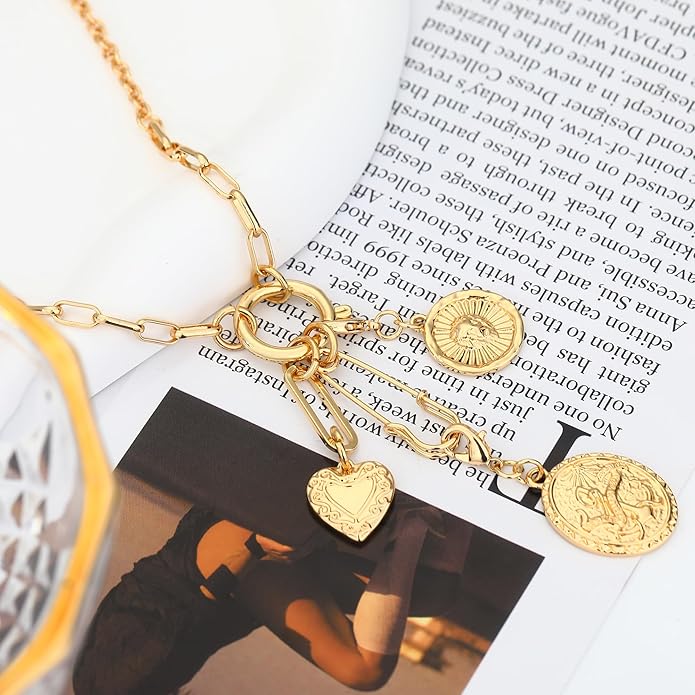 Charm Necklace for Women Gold Evil Eye Sun Moon Flower Coin Pendant Necklace Dainty Paperclip Chain Vintage Luck Amulet Choker Necklaces Celestial Jewelry Gift