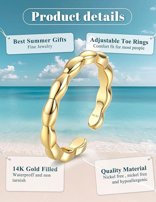 FIASASO 14K Gold Filled Toe Rings for Women Non Tarnish 14K Gold Filled Toe Ring Adjustable Band Opal Dainty Toe Ring Summer Beach Open Toe Rings Foot Jewelry