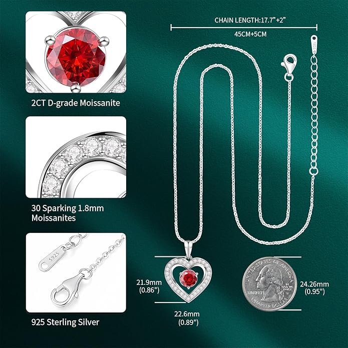 Full Moissanite Heart Necklace - No CZ! 2ct Vibrant Birthstone & 30 White Gems | 12 Month Gifts for Wife, Mom, Her | Anniversary, Valentine's Day, Mother's Day Jewelry