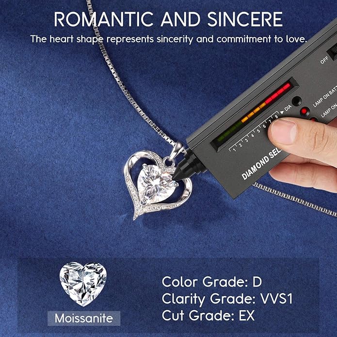 MOOSEA Moissanite Heart Pendant Necklaces for Women, 1-3ct D Color VVS1 925 Sterling Silver Anniversary Birthday Gifts for Women Wife Girlfriend Jewelry Moissanite Necklace