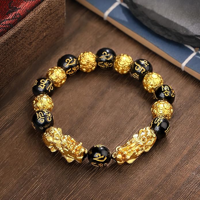 KINLNGEE Dual 24K Gold Plated Pixiu Feng Shui Obsidian Bracelet, Lucky Wealth Charm & Dragon Protection for Men/Women, Mantra Prayer Beads Bracelets, Protective Amulet Gift, Jewelry Gifts(10mm)