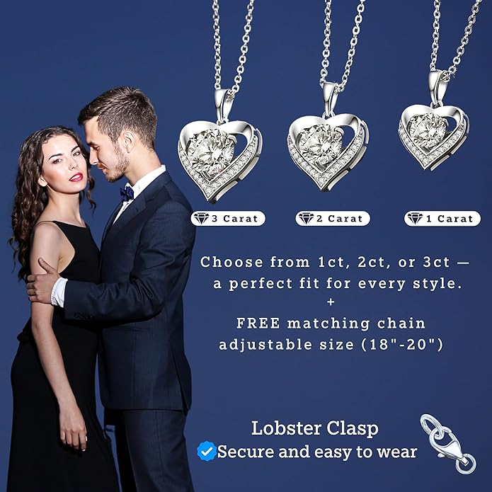 Moissanite Necklace for Women Moissanite Heart Necklace 1-3 Carat, Engraved with 'I LOVE YOU', Jewelry Gifts, for Wife, for Girlfriend, for Mom, Birthday Gift, Anniversary Present