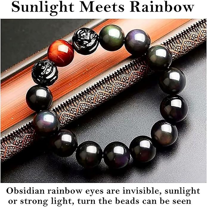 Black Obsidian Bracelet,Feng Shui Black Obsidian Wealth Bracelet for Women Men Couples Handmade Stretch Obsidian Bracelet Bangle with Carved Pixiu Tiger Eye Stone Attract Wealth Money and Good Luck