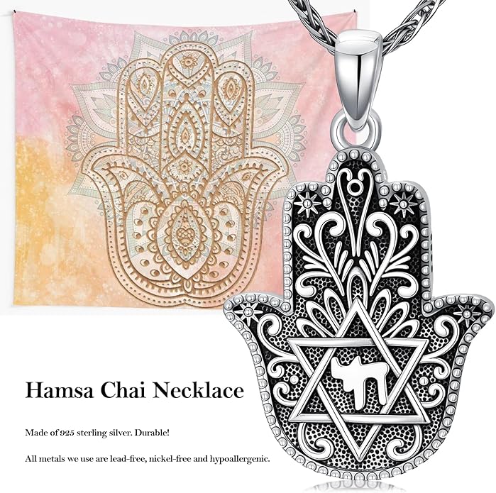 Hamsa Necklace 925 Sterling Silver Evil Eye/Lotus Flower/Star of David/Chai/Yin Yang Hamsa Hand Pendant Jewelry Hand of Fatima Gifts for Women