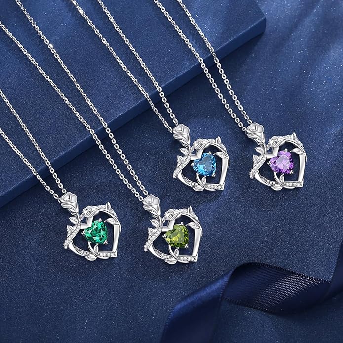 AGVANA Rose Birthstone Necklace for Women Sterling Silver Rose Flower Heart Necklace Fine Jewelry Anniversary Birthday Gifts for Women Wife Mom Her, Length: 18"+2"