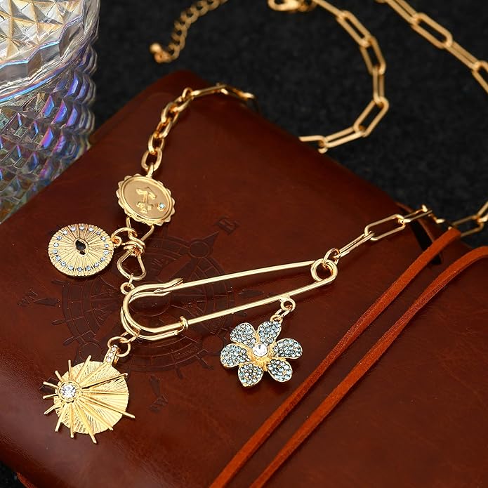 Charm Necklace for Women Gold Evil Eye Sun Moon Flower Coin Pendant Necklace Dainty Paperclip Chain Vintage Luck Amulet Choker Necklaces Celestial Jewelry Gift