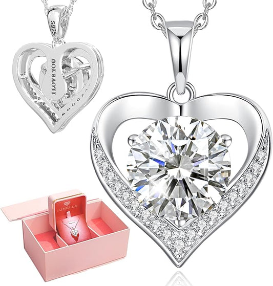 Moissanite Necklace for Women Moissanite Heart Necklace 1-3 Carat, Engraved with 'I LOVE YOU', Jewelry Gifts, for Wife, for Girlfriend, for Mom, Birthday Gift, Anniversary Present