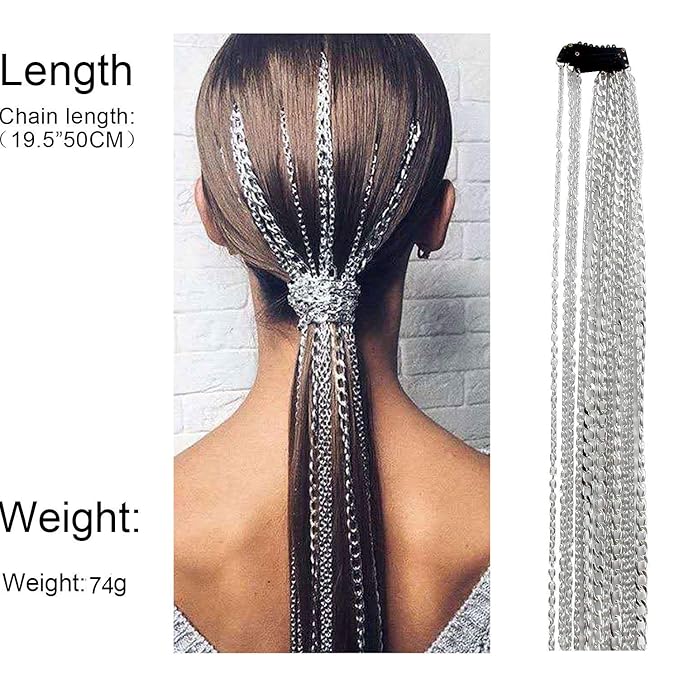 4PCS Dreadlocks Metal Tassel Ponytail Multi-Strand Hair Chain Prom Party Concave styling hair accessories hair extension chain with clip for girls and women (silver)