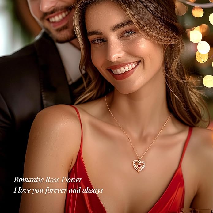 CDE S925 Silver Rose Gold Heart Birthstone Necklaces for Women，Ideal Anniversary or Birthday Jewelry Gifts for Wife Girlfriend Her