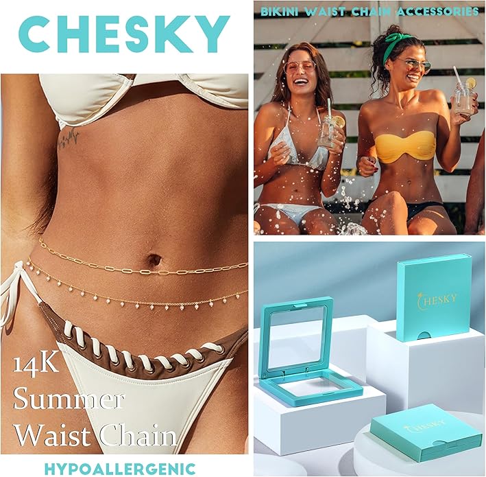 CHESKY Gold Waist Chain for Women, 14K Gold Plated Silver Layered Belly Belt Chains Sexy Bikini Beach Waist Beads Chain Waterproof Snake Pearl Cuban Body Chain Summer Jewelry Accessories for Women