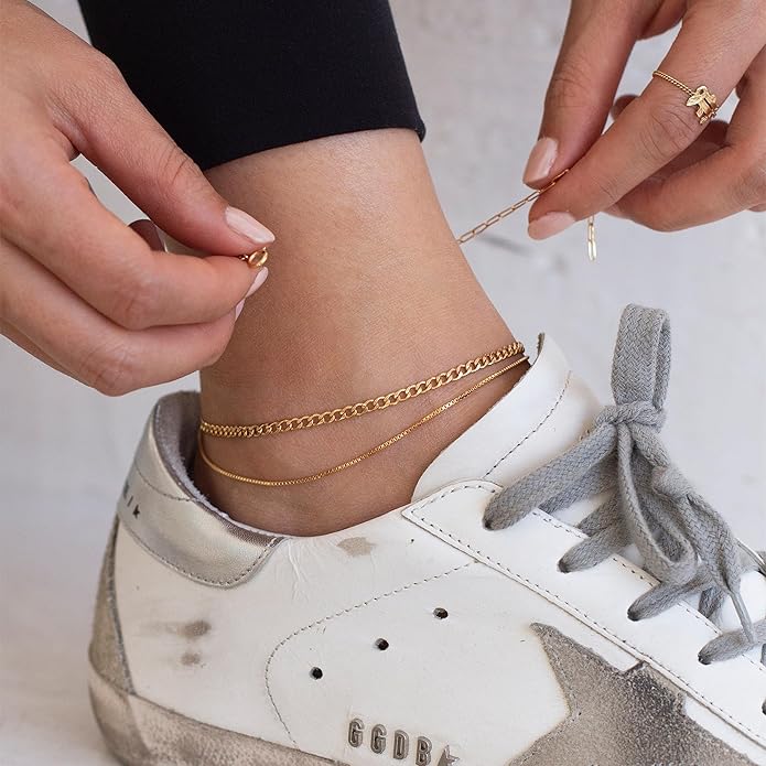 Ritach Ankle Bracelets for Women - Stainless Steel Silver/Gold Anklets for Women Waterproof Layered Cuban Link Figaro Chain Heart Anklets Set Summer Beach Jewelry Gifts