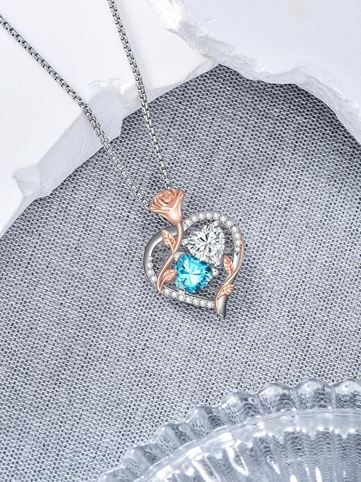 Jewelry for Her Double Heart Rose Birthstone Pendant Necklace Anniversary Jewelry Christmas Birthday Gifts for Women Wife Girlfriend