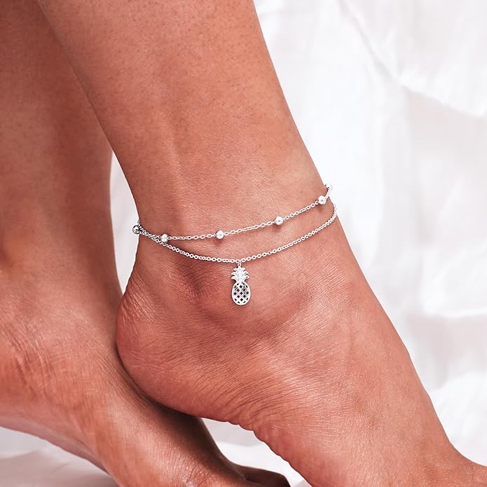 CHIC & ARTSY Womens Sterling Silver Created Opal Layered Anklet Bracelet Dainty Beaded Chain Adjustable 11" Best Friend Anklet