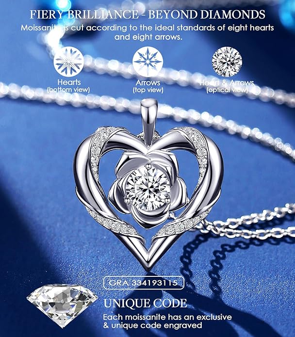 Beam & Bask Rose Flower Heart Moissanite Necklaces for Wife, S925 Silver Pendant for Women, 18K Gold Plated Jewelry for Her Girlfriend Mom for Anniversary Birthday