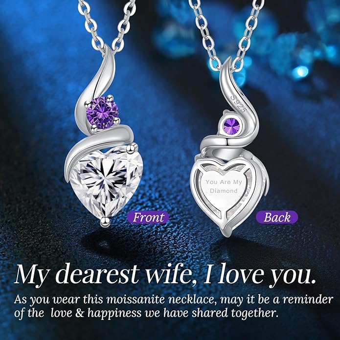 Moissanite Heart Pendant Necklaces for Women，925 Sterling Silver Gold Plating Necklace with Birthstone，Ideal Anniversary Present or Birthday Christmas Valentine Engagements Mothers Day Jewelry Gifts for Mom Wife Her Girlfriend