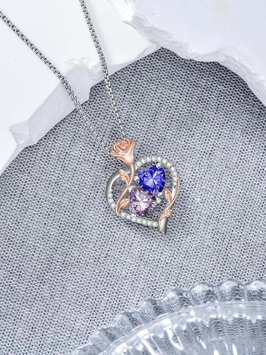 Jewelry for Her Double Heart Rose Birthstone Pendant Necklace Anniversary Jewelry Christmas Birthday Gifts for Women Wife Girlfriend