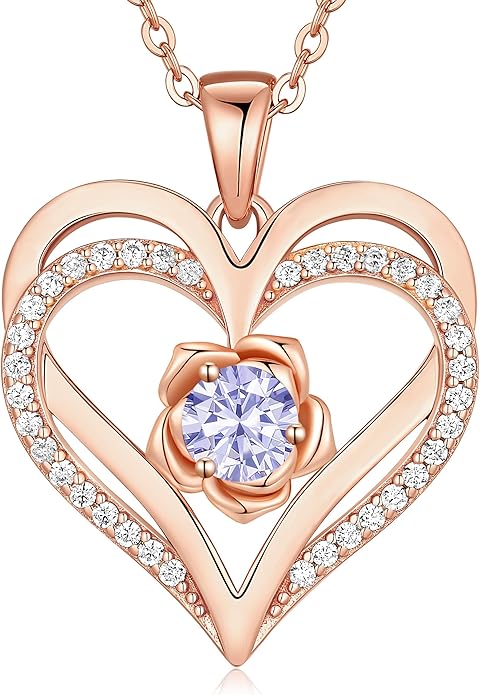 CDE S925 Silver Rose Gold Heart Birthstone Necklaces for Women，Ideal Anniversary or Birthday Jewelry Gifts for Wife Girlfriend Her