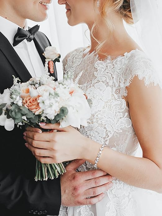 SWEETV Cubic Zirconia Wedding Bridal Bracelet for Brides,Bridesmaids, Silver Crystal Elegant Tennis Bracelet for Women Prom Jewelry Gifts