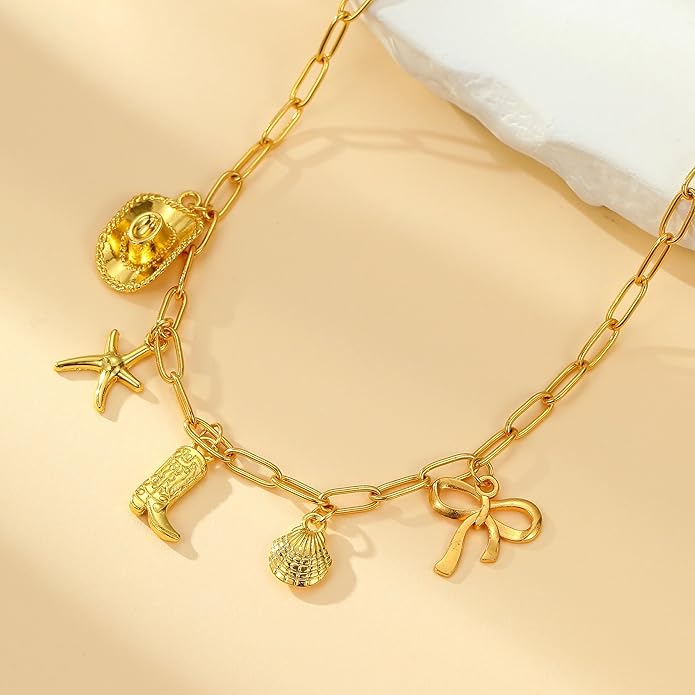 Choistily Charm Necklace Dainty Gold Western Outfit Beach Jewelry for Women Trendy Cowgirl Accessories for Women Gold Bow Sea Shell Pendant Necklace Preppy Stuff Summer Jewelry 2025