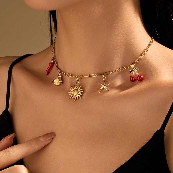 Choistily Charm Necklace Dainty Gold Western Outfit Beach Jewelry for Women Trendy Cowgirl Accessories for Women Gold Bow Sea Shell Pendant Necklace Preppy Stuff Summer Jewelry 2025