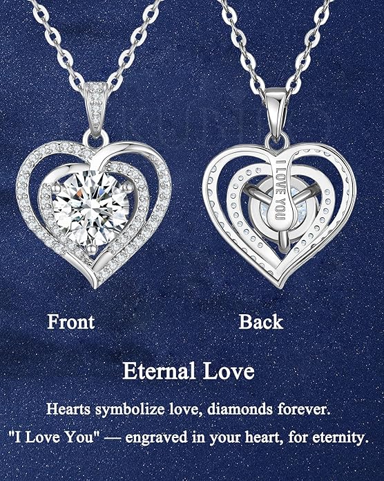 1-2 CT Moissanite Heart Pendant Necklaces for Wife,Moissanite Necklace Engraved with 'I LOVE YOU,18K Gold Plated S925 Silver Jewelry Anniversary Christmas Gifts for Girlfriend Wife Mom