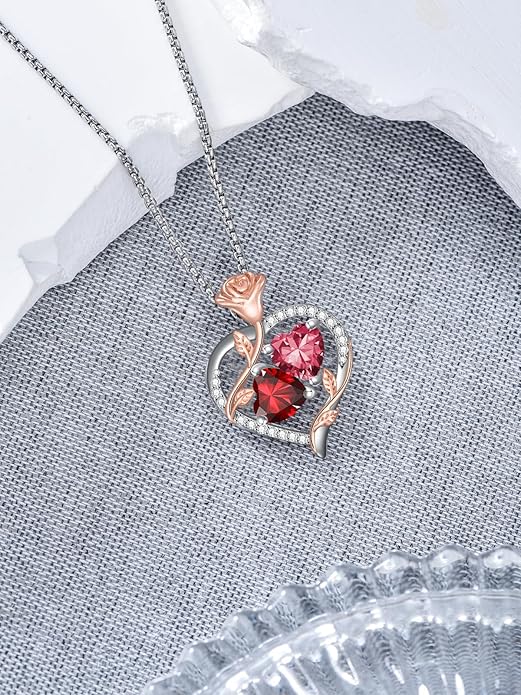 Jewelry for Her Double Heart Rose Birthstone Pendant Necklace Anniversary Jewelry Christmas Birthday Gifts for Women Wife Girlfriend