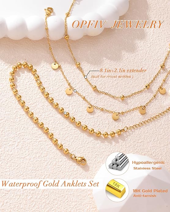 2/3 PCS Gold Anklets for Women Waterproof Boho Starfish, Seashell, Heart & Butterfly Charms Ankle Bracelets Non Tarnish Adjustable Layered Cuban Beaded Foot Chain Beach Jewelry for Summer Vacations