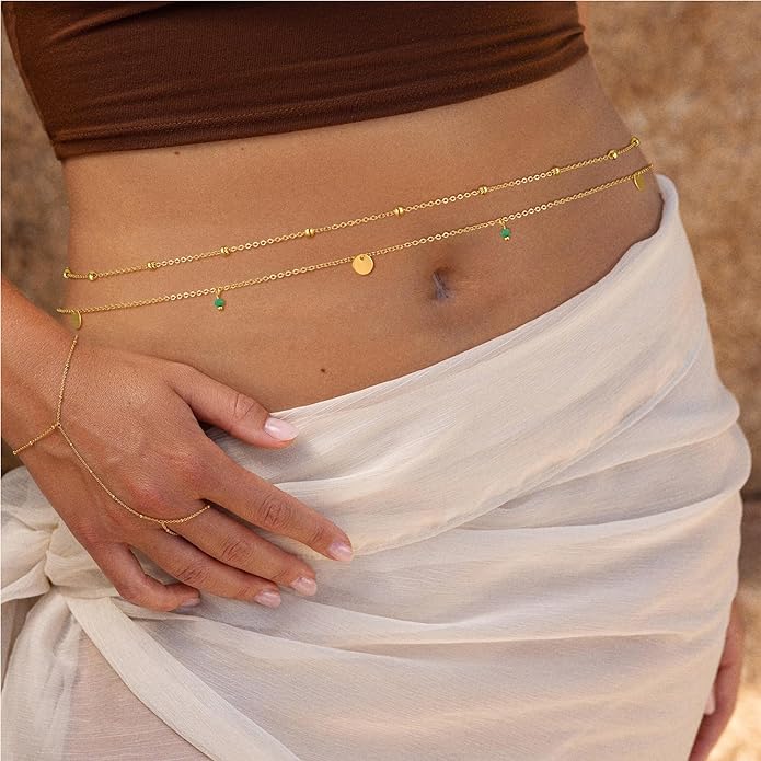 Body Chain for Women 14K Gold Plated Waist Beads Chain Gold Belly Belt Body Chains Waterproof Adjustable Sexy Bikini Beach Body Jewelry Daily Belts Gifts for Women 26.5-33Inch