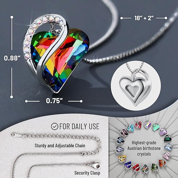 Necklaces for Women, Infinity Love Birthstone Heart Crystal Pendant, Birthday Jewelry Gifts for Her, Mom, and Wife, Silver Plated, 18 plus 2 inch Adjustable Chain