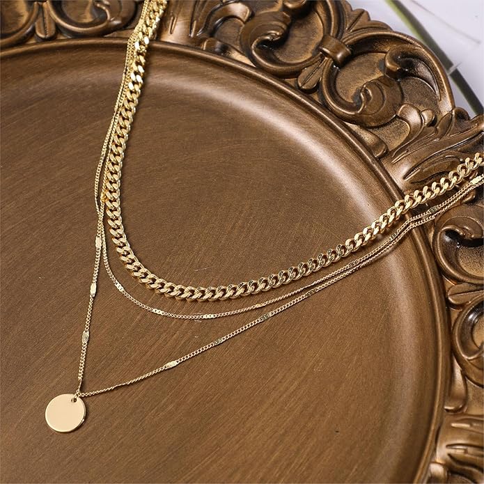 ASCOMY Layered Necklaces for Women Dainty Gold Necklace 14K Gold Plated Herringbone Necklace for Women Pearl Cross Necklace Paperclip Cuban Figaro Rope Satellite Chain Gold Choker Trendy Jewelry Gift