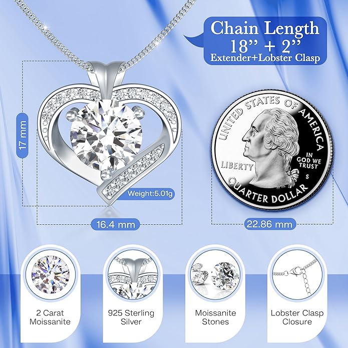 GRA-Certified 1-3 Carat Moissanite Heart Pendant Necklace for Wife or Girlfriend, Romantic Gift Necklace Perfect for Women on Anniversaries, Birthdays, and Valentine's Day