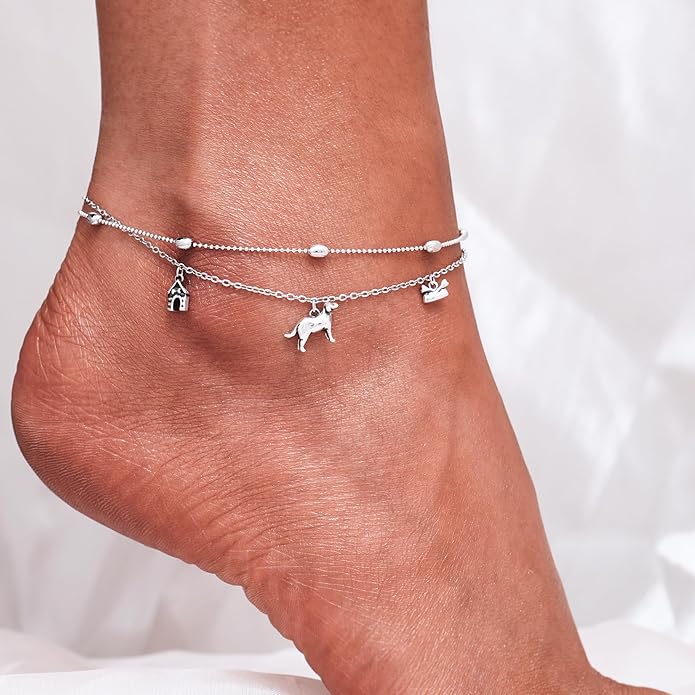 CHIC & ARTSY Womens Sterling Silver Created Opal Layered Anklet Bracelet Dainty Beaded Chain Adjustable 11" Best Friend Anklet