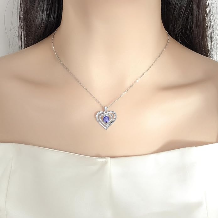 Heart Necklace, I Love You Always & Forever, Birthstone Cubic Zirconia Pendant, Gift for Women