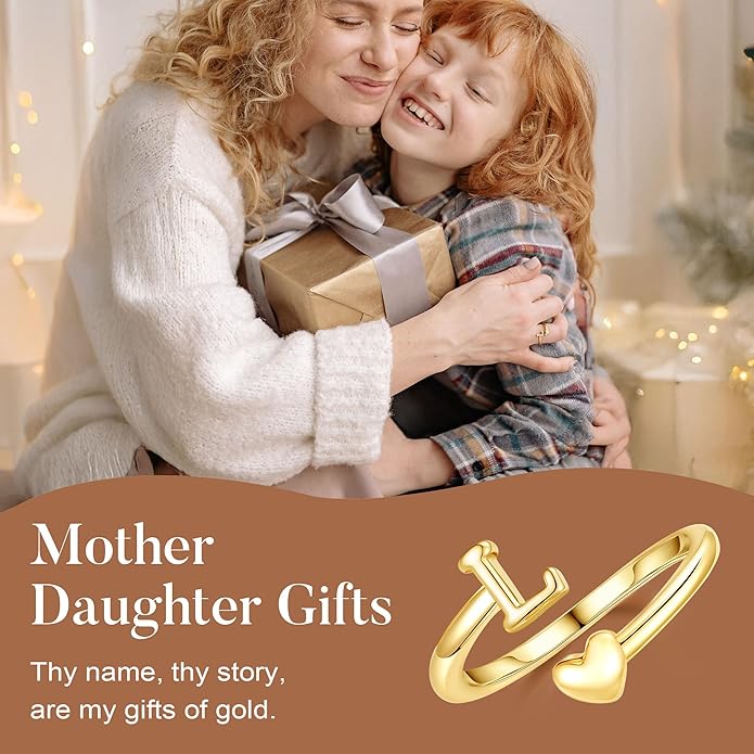 M MOOHAM Gold Rings for Women - 14K Gold Plate Initial Rings for Women Non Tarnish Letter A- Z Dainty Heart Ring Adjustable Pinky Ring Personalized Jewelry Gifts