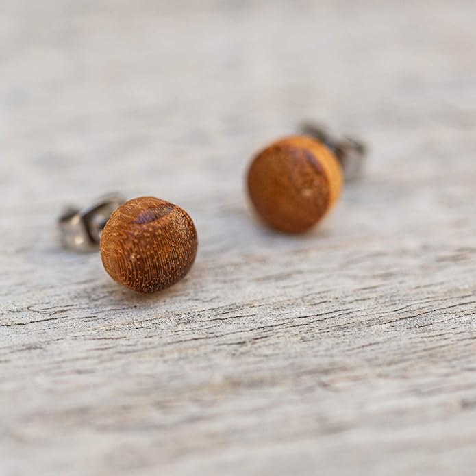 Wood Stud Earrings for Women - Wooden Handmade Earrings - Surgical Steel Brown Boho Earrings