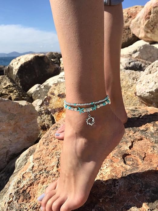 Starain Blue Turtle Anklets for Women Multilayer Beads Handmade Beach Ankle Bracelet Set Boho Foot Jewelry