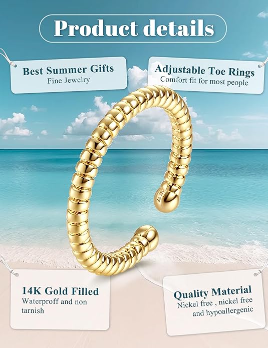 FIASASO 14K Gold Filled Toe Rings for Women Non Tarnish 14K Gold Filled Toe Ring Adjustable Band Opal Dainty Toe Ring Summer Beach Open Toe Rings Foot Jewelry