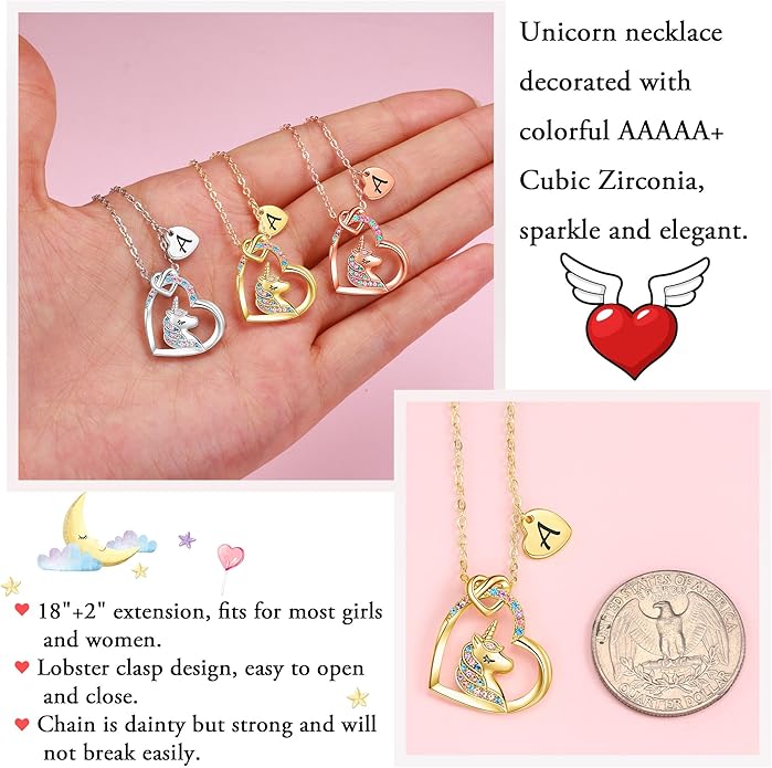 Hidepoo Unicorn Necklace Gifts for Girls Daughter - Colorful CZ Heart Pendant Initial Unicorn Necklaces for Girl Teens Little Girls Jewelry Birthday Gift