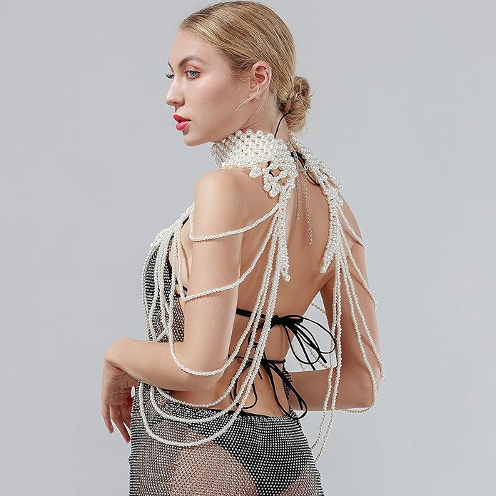 CCbodily Pearl Body Chain Bra - Fashion Shoulder Necklaces Bra Chain Body Jewelry