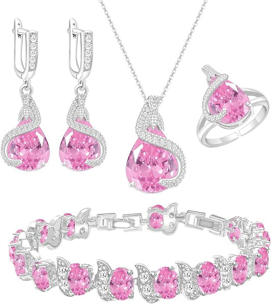 GZWHD Jewelry Set for Women Water Drop Cubic Zirconia Artificial Crystal Earrings Pendant Necklace Open Ring Tennis Bracelet Wedding Anniversary Birthday Engagement Gift for Bridesmaid Wife Girlfriend Friend