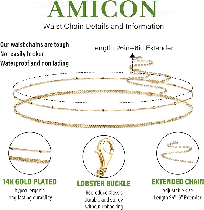 Body Chain for Women 14K Gold Plated Waist Beads Chain Gold Belly Belt Body Chains Waterproof Adjustable Sexy Bikini Beach Body Jewelry Daily Belts Gifts for Women 26.5-33Inch