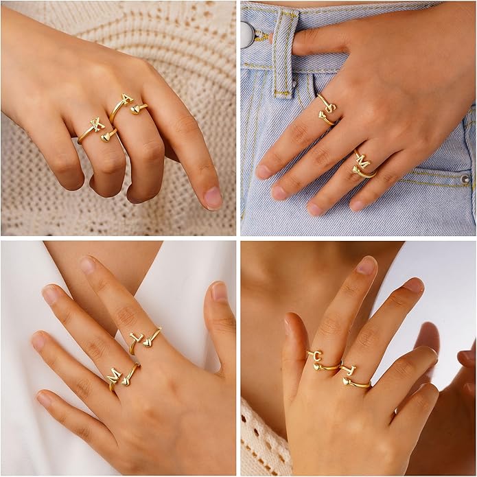 M MOOHAM Gold Rings for Women - 14K Gold Plate Initial Rings for Women Non Tarnish Letter A- Z Dainty Heart Ring Adjustable Pinky Ring Personalized Jewelry Gifts