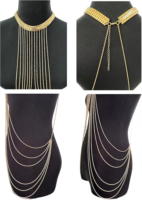 Harness Body Chain Sexy Layered Tassel Belly Waist Chain Necklace Boho Hot Bikini Nightclub Party Beach Body Jewelry for Women and Ladies Gold Tone