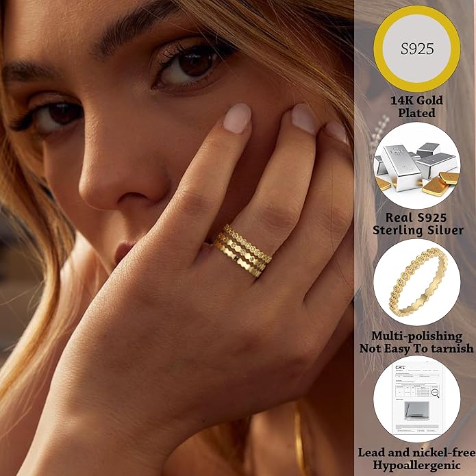 WEDDINEN Stackable Sterling Silver Rings for Women Non Tarnish Dainty 14K Gold Plated Stack Thin Rings Cubic Zirconia Thumb Ring Set Statement Wedding Bands Engagement Rings Jewelry Gifts Size 6-10