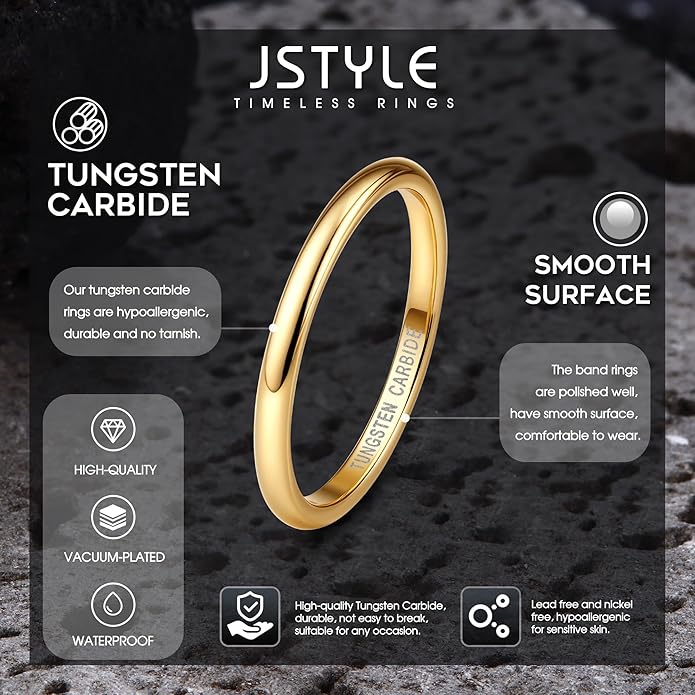 Jstyle 2mm 4mm 6mm 8mm Tungsten Rings for Men Women Hypoallergenic Wedding Band Rings Gold/Silver Domed High Polish Comfort Fit Size 6-12 Not Tarnished