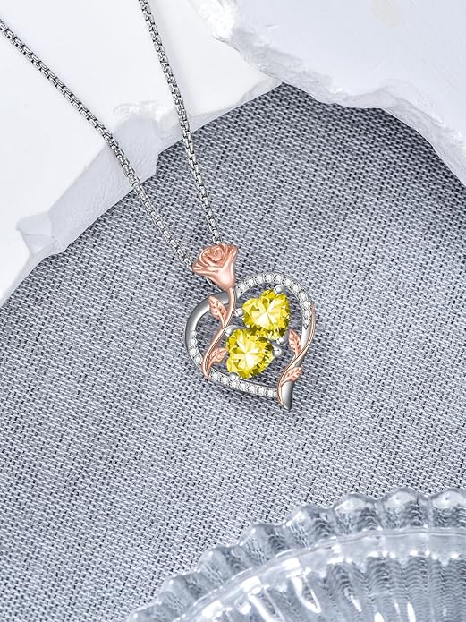 Jewelry for Her Double Heart Rose Birthstone Pendant Necklace Anniversary Jewelry Christmas Birthday Gifts for Women Wife Girlfriend